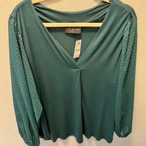 Lane Bryant NWT Size 18/20 semi-sheer long sleeves, Hunter green blouse.